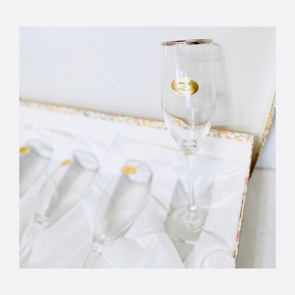 NEW Set of 4 Made in Italy Champagne Glasses Silver Rim NEW IN BOX - Picture 2 of 3